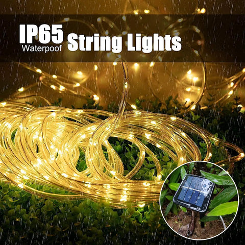 Long 33 Feet Solar Rope Lights With 100 LEDs, Copper Fairy String Tube Lights, IP65 Weatherproof For Outdoor Party