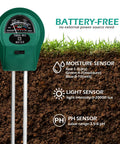 3 In 1 Soil Moisture Light And pH Tester Battery Free Gardening Tool showing sensors for moisture, light, and pH readings.