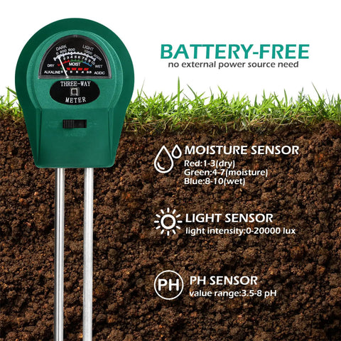 3 In 1 Soil Moisture Light And pH Tester Battery Free Gardening Tool showing sensors for moisture, light, and pH readings.