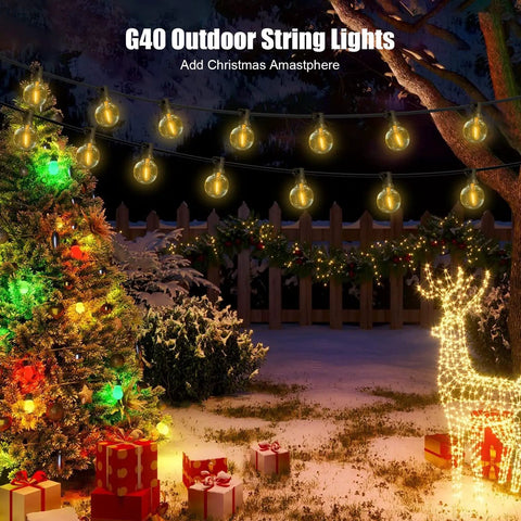 Festive scene with 100 Ft Outdoor String Lights With Dimmer LED G40 Globe Patio Lighting and holiday decorations in garden.