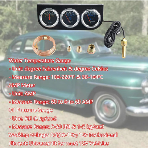 BAGARAATAN 2'' chrome triple gauge kit: water temp, oil pressure & amp gauges with copper sensor coil and fittings