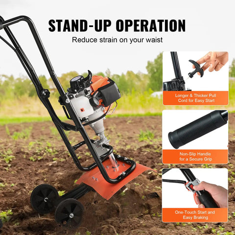 Backyard Ready 31cc 4 Stroke Tiller Cultivator in use, showing features like pull cord, non-slip handle, in a field, orange