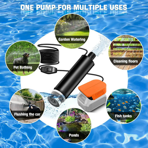 Smooth Operator Cordless Submersible Utility Pump Adapter For Dewalt 20V Batteries shown in water, ideal for ponds, pet bathing, and garden watering.