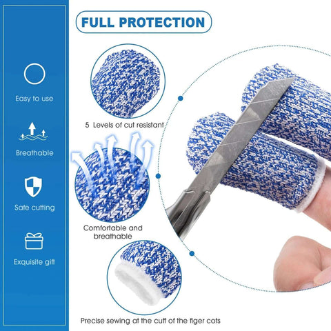 Front view of Romooa 10-piece blue knitted finger guard set for kitchen cutting worn on fingers with a knife