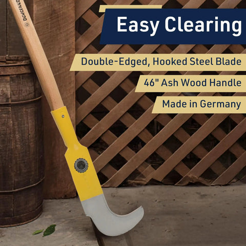 Heavy Duty 47 Inch Long Handle Weeding Sickle with 14.75 Inch Curved Steel Blade leaning against a wooden backdrop