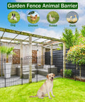Decorative No Dig Garden Fence With Gate, 12 Panel Set, 42 Inch High, rustproof metal wire panels enclosing grass area, dog inside