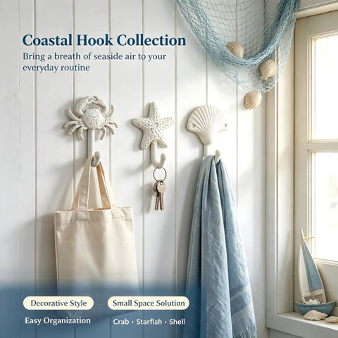 Heavy Duty Cast Iron Coastal Wall Hooks Set of 3 Legit Retro Charm Slick Starfish Crab and Seashell Wall Grips for Bathroom or Bedroom Top Shelf Decor and Simple Hook Organization for Your Hangout, hanging towels and keys.
