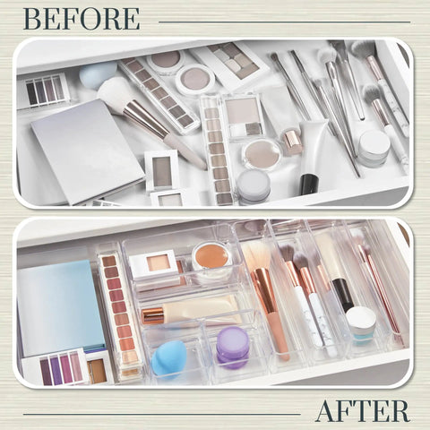 SimpleSort 10 Piece Stackable Clear Drawer Organizer Set with Multi Size Trays for Makeup Vanity and Office Desk Storage BPA Free