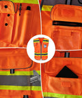 Workhorse High Visibility Safety Vest For Men Featuring Nine Deep Utility Pockets Crisscross Reflective Tape To Stay Seen On Night Shifts Or Daytime Jobsites In Blaze Orange with deep storage pockets.