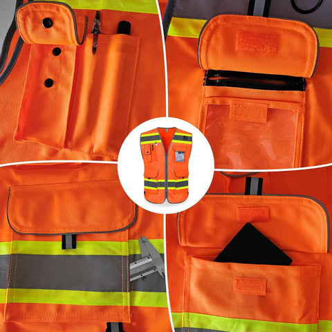 Workhorse High Visibility Safety Vest For Men Featuring Nine Deep Utility Pockets Crisscross Reflective Tape To Stay Seen On Night Shifts Or Daytime Jobsites In Blaze Orange with deep storage pockets.
