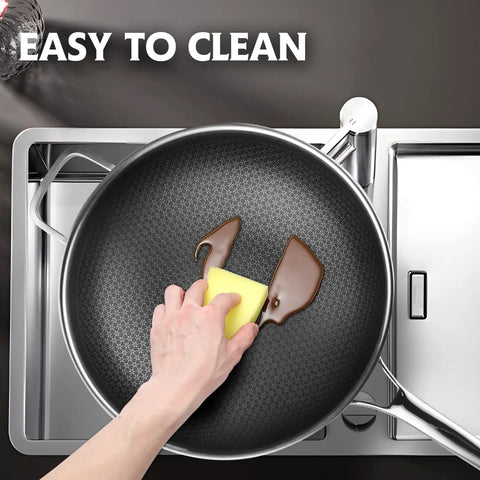 Cleaning 13 Inch Hybrid Wok Pan with nonstick coating for effortless stir fry, PFOA free non-toxic stainless steel, easy clean.