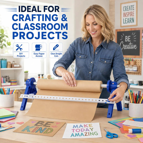 Nifty Paper Dispenser Cutter With Adjustable Mount And Built In Trimmer Plus Heavy Duty Brown Kraft Paper Roll Ideal For Shipping And Packing Straight Up Genius Kit Built Like A Tank being used for crafting in a bright workspace.