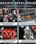 Close-up of V8 Engine Building Set That Runs Build Your Own 8 Cylinder Engine With Battery And Motor 478 Pieces STEM Toy.