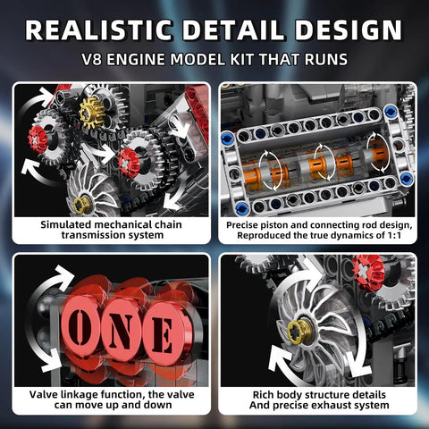 Close-up of V8 Engine Building Set That Runs Build Your Own 8 Cylinder Engine With Battery And Motor 478 Pieces STEM Toy.