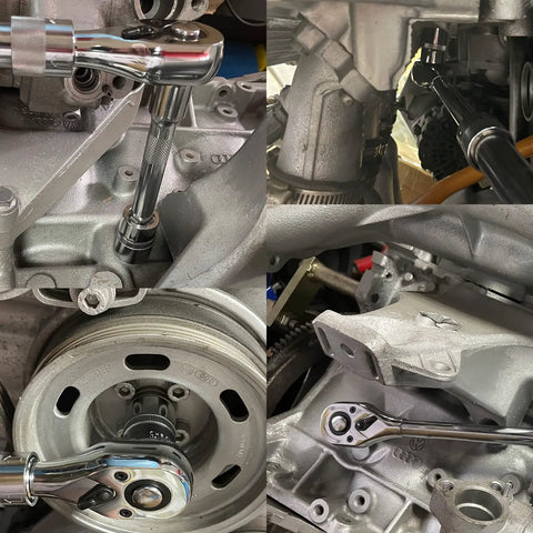 Extendable Ratchet Set Three Piece with 1/4, 3/8, 1/2 Inch Drive used on automotive parts, showcasing reversible drive feature