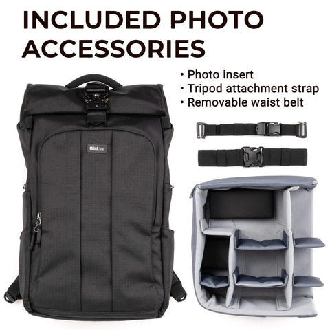 backpack sleeve rain Roll Top 30L Camera Backpack With Laptop Sleeve And Rain Cover Asphalt Black Expands For Travel And Photo Gear Quick Side And Back Access Versatile