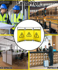 Caution Symbol Foldable Safety Barricade With High Visibility Red Panels displayed in various environments including work sites and offices.