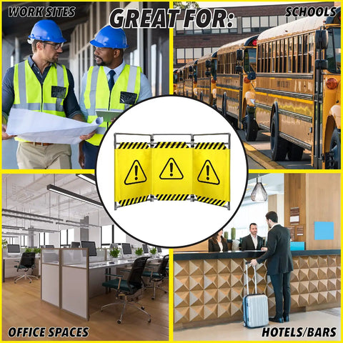 Caution Symbol Foldable Safety Barricade With High Visibility Red Panels displayed in various environments including work sites and offices.