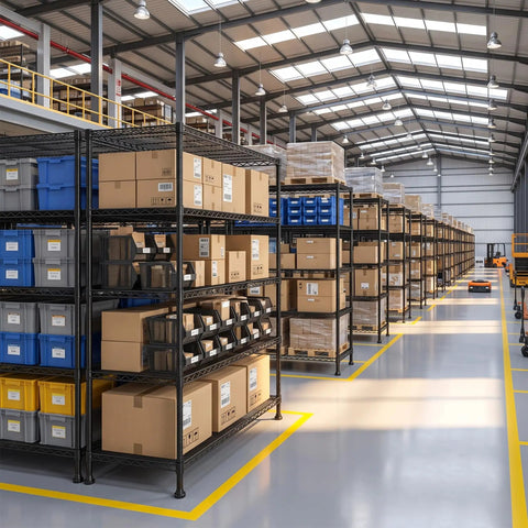 Five Tier Heavy Duty Wire Shelving Unit For Warehouse And Supermarket Built To Last 71 Inch Tall With Extra Shelf 25 Percent More Storage Sturdy Steel Construction Adjustable Shelves For Bulk Stock And Easy Organization in warehouse aisle