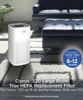 Living room featuring Replacement True HEPA Filter For Large Room Air Purifier With 1500 Sq Ft Coverage Captures 99.97 Percent Of Allergens Down To 0.1 Micron Fits Models 11010 And 11011 Easy Install 1 Count next to a sofa.