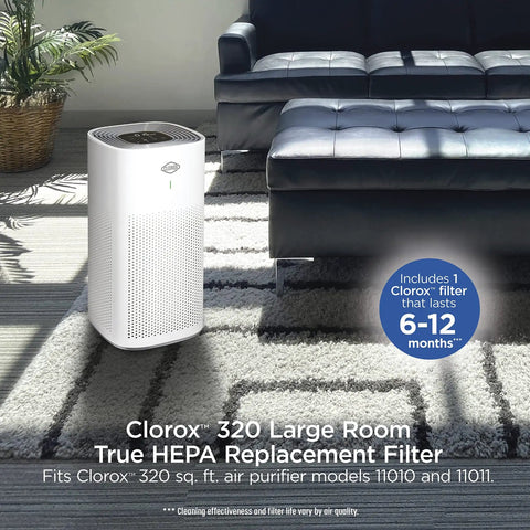 Living room featuring Replacement True HEPA Filter For Large Room Air Purifier With 1500 Sq Ft Coverage Captures 99.97 Percent Of Allergens Down To 0.1 Micron Fits Models 11010 And 11011 Easy Install 1 Count next to a sofa.