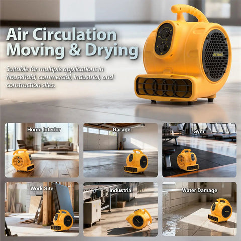 Heavy Duty Floor Blower Beast with 1100 CFM 1/4 HP 200W 115V for carpet drying and water damage restoration in various settings.