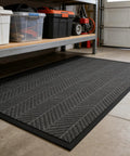 Heavy Duty Door Mat 3Ft By 6Ft Striped Brush Entrance Rug With Rubber Backing, Stain Resistant, in a garage setting