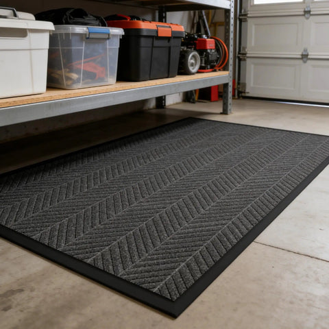 Heavy Duty Door Mat 3Ft By 6Ft Striped Brush Entrance Rug With Rubber Backing, Stain Resistant, in a garage setting