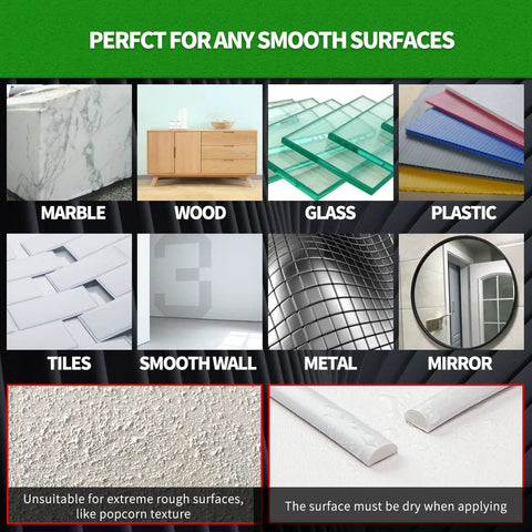DIY Friendly Self Adhesive Peel And Stick Trim For Walls And Borders Flexible Molding That Covers Cracks Gaps And Damaged Corners Easy Cut To Fit Backsplash Tiles Cabinets And Floors White Finish shown on various materials like marble and wood, suitable for smooth surfaces.