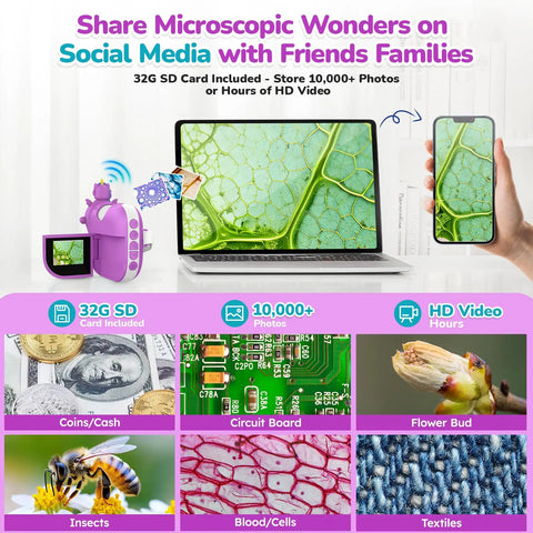 Kid Friendly Digital Microscope Handheld Miniscope With 4K 2.0 Inch Screen Rechargeable Portable Magnifier 1000x Zoom STEM Learning Toy Gift With Slides Kit For 4 To 12 Year Olds Violet showing microscope, laptop, and phone display