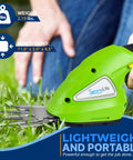 Quick Change Blade Cordless Garden Shears For Snipping Grass And Trimming Hedges Rechargeable Lightweight Handheld Clippers Electric Trimmer close-up on green handheld tool cutting grass.