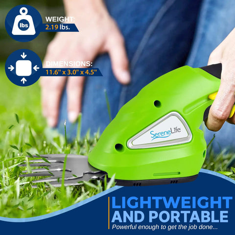 Quick Change Blade Cordless Garden Shears For Snipping Grass And Trimming Hedges Rechargeable Lightweight Handheld Clippers Electric Trimmer close-up on green handheld tool cutting grass.