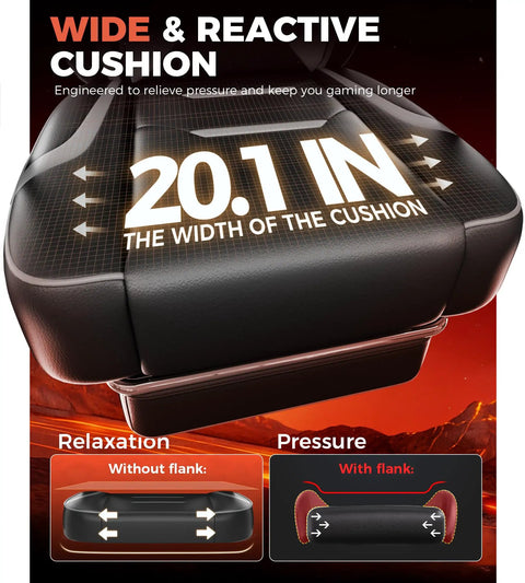 Close-up of wide cushion on big and tall gaming chair for adults with 350 lb capacity, heavy duty office chair with 21.5 inch wide seat.
