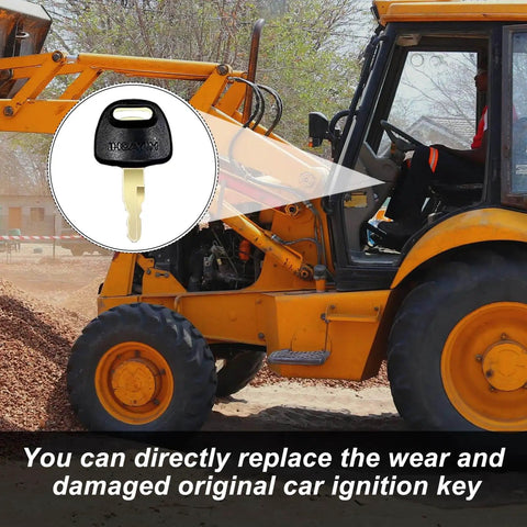 Image of a heavy-duty machine with close-up of ignition key from a 24 Piece Heavy Duty Equipment Keys Set For Industrial And Commercial Machines Universal Replacement Keys In Durable Steel With Easy Identification And Quick Access To Ignition And Locks.