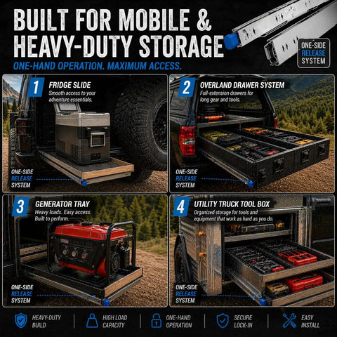 Heavy Duty 20 Inch Locking Drawer Slides With One Side Release For Easy One Hand Access Wide Pull Outs Fully Locking And Fully Extending Great For Trucks RVs Vans And Mobile Storage Solutions, zinc-plated steel slides