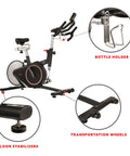 Smooth Riding Indoor Cycling Bike Featuring Forty Pound Rear Flywheel And Digital Console To Dominate Your Daily Grind And Ride With Silent Magnetic Resistance Upgrading Your Whole Home Gym Setup with bottle holder, floor stabilizers, and transport wheels.