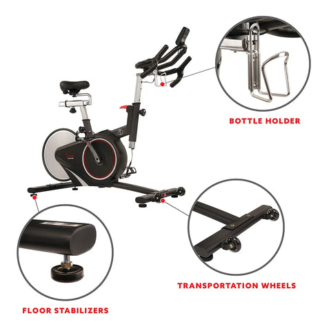 Smooth Riding Indoor Cycling Bike Featuring Forty Pound Rear Flywheel And Digital Console To Dominate Your Daily Grind And Ride With Silent Magnetic Resistance Upgrading Your Whole Home Gym Setup with bottle holder, floor stabilizers, and transport wheels.