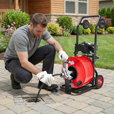 Heavy Hitter Auto Feed Drain Cleaner With 100 Ft Steel Pipe Snake and Zippy Motor in use for sewer cleaning outdoors.