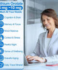 Woman using laptop with text on Lithium Orotate benefits for mood, stress, and brain health, 12-In-1 Lithium Orotate Mood Support formula.