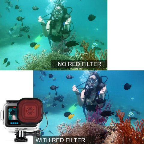 Comparison of underwater scene with and without red filter using GoPro Hero waterproof housing with floating hand grip.