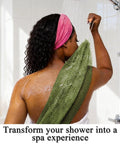 Person using Authentic African Net Sponge 2 Pack Exfoliating Bath And Shower Loofah Sponge For Body And Face Go To Scrub For All Skin Types Travel Durable Polyester Olive Green And Light Green in shower.
