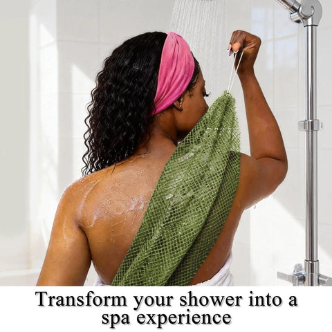 Person using Authentic African Net Sponge 2 Pack Exfoliating Bath And Shower Loofah Sponge For Body And Face Go To Scrub For All Skin Types Travel Durable Polyester Olive Green And Light Green in shower.