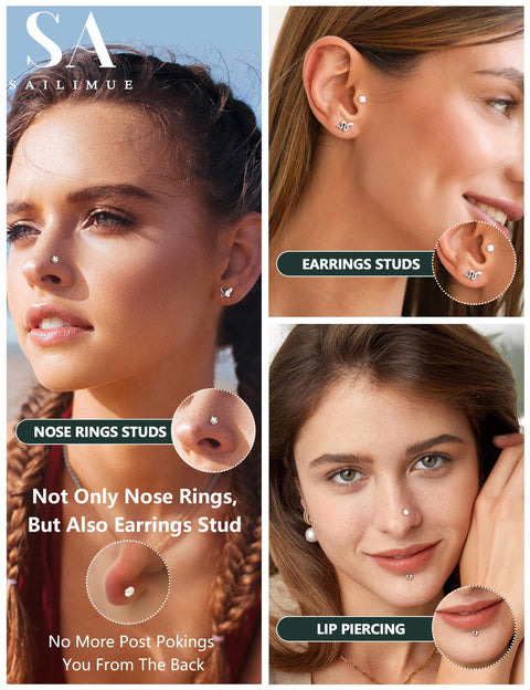 Collage showing Dope Threadless Nose Ring Set In 14K Gold Filled, 20G 18G 16G Nose Studs used in nose, ear, and lip piercings.