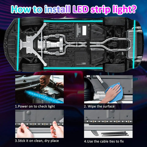 Instructions on installing 4 Piece Underglow Kit For Cars And Trucks App Controlled Multicolor RGB Underbody Lights with images