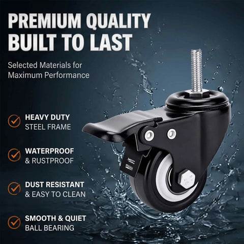 No Roll Guaranteed Dual Lock Caster Wheels 2 Inch Heavy Duty Swivel Casters Set Of 4 M8 Threaded Stem Mount with ball bearing.