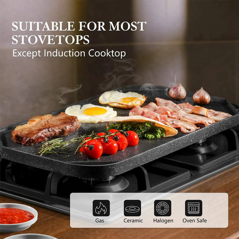 Nonstick Griddle And Grill Pan Pro Grid Reversible Two Burner Cast Aluminum cooking breakfast on stovetop