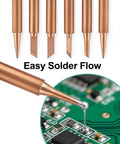 Six Piece Pure Copper Solder Tips Set For 936 Soldering Iron Handles featuring various tip shapes in close-up with PCB soldering
