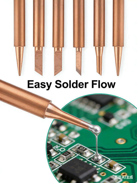 Six Piece Pure Copper Solder Tips Set For 936 Soldering Iron Handles featuring various tip shapes in close-up with PCB soldering