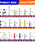 Grab And Go 1332 Piece Drywall Anchors And Screws Kit With 21 Sizes M8 M12 M13 Plastic Expansion Anchors Self Tapping Wood Screws Size 6 To 8 Toggle Wing Bolts J Hooks Eye Hooks Washers Rust Resistant DIY Fasteners. product size chart with anchor and screw dimensions