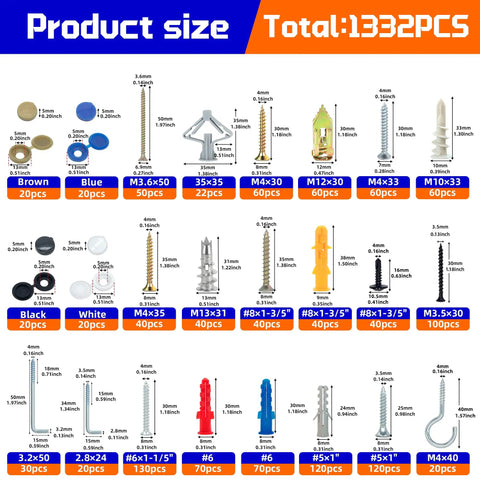 Grab And Go 1332 Piece Drywall Anchors And Screws Kit With 21 Sizes M8 M12 M13 Plastic Expansion Anchors Self Tapping Wood Screws Size 6 To 8 Toggle Wing Bolts J Hooks Eye Hooks Washers Rust Resistant DIY Fasteners. product size chart with anchor and screw dimensions